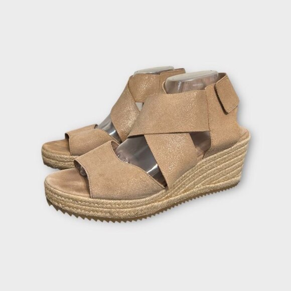 Eileen Fisher Willow Sandals 10 Beige Nubuck Suede Leather Espadrille Wedge - Picture 1 of 7